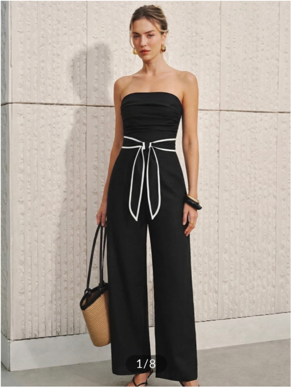 Commense Strapless Wide Leg Linen Blend Jumpsuit M Black Event Minimalist